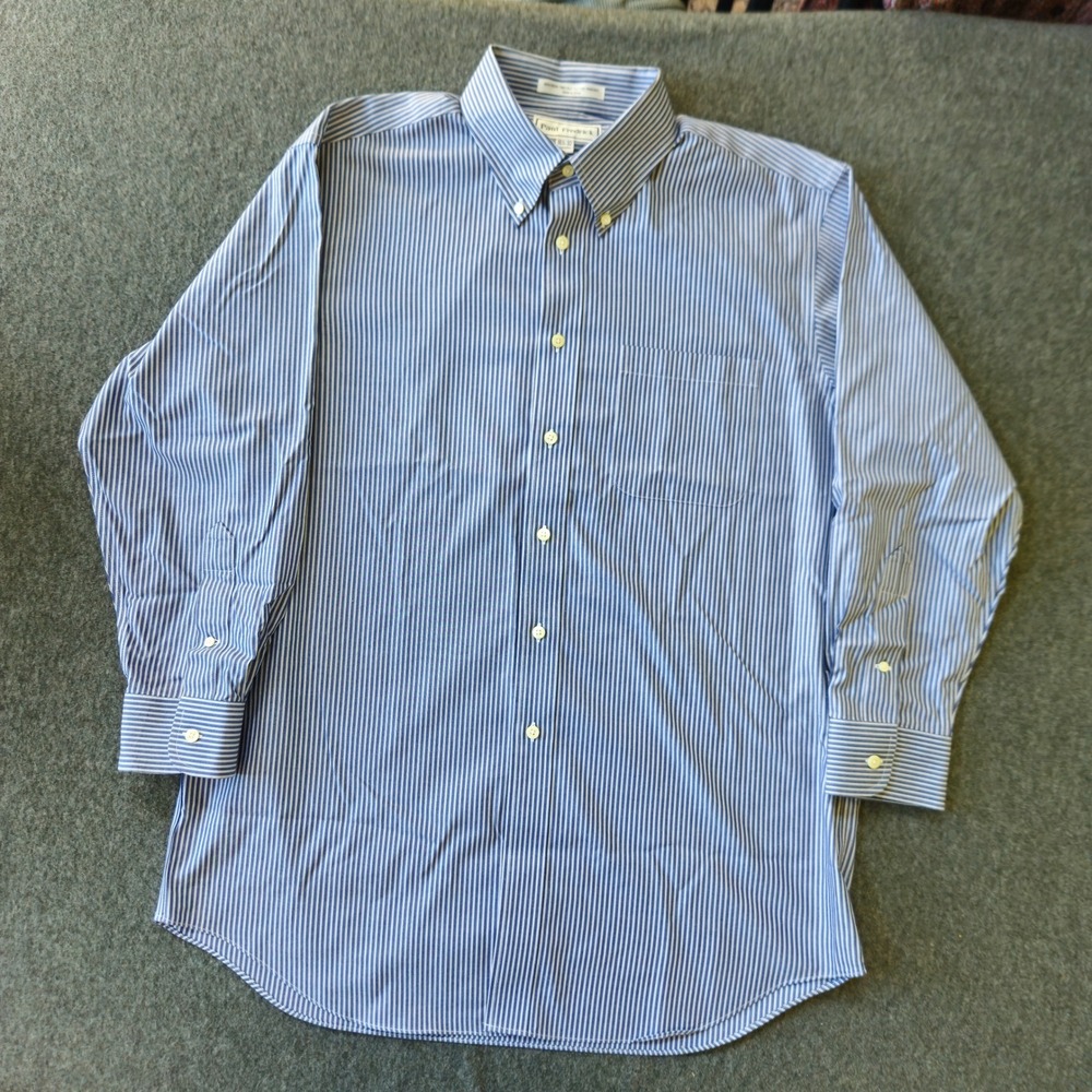 PAUL FREDRICK Button Down 100% Cotton Size 16.5-32 Blue Stripe Non-Iron Shirt